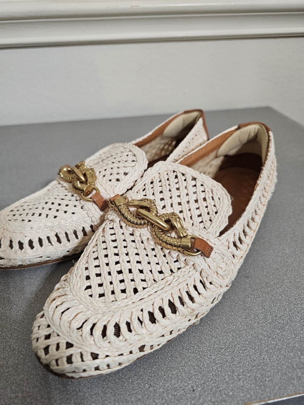 Tory Burch Cream Woven Flats with Tan Leather Insole